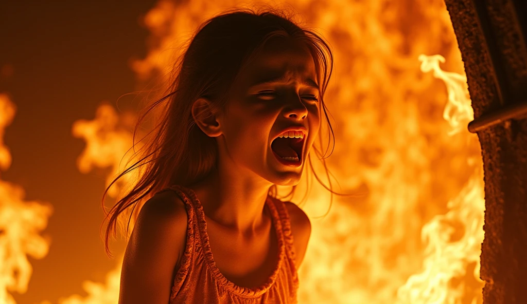 hyper-realistic mid-shot, Fire over and entirely engulfing and covering a screaming girl, flames wrap and curl over the girl as they flow over her and burn her, the girl is fully ablaze, the girl is screaming in pain as she burns to death, trapped inside a steel furnace filled with fire, flames block the girl almost entirely, her skin is blackened and charred, her body is on fire