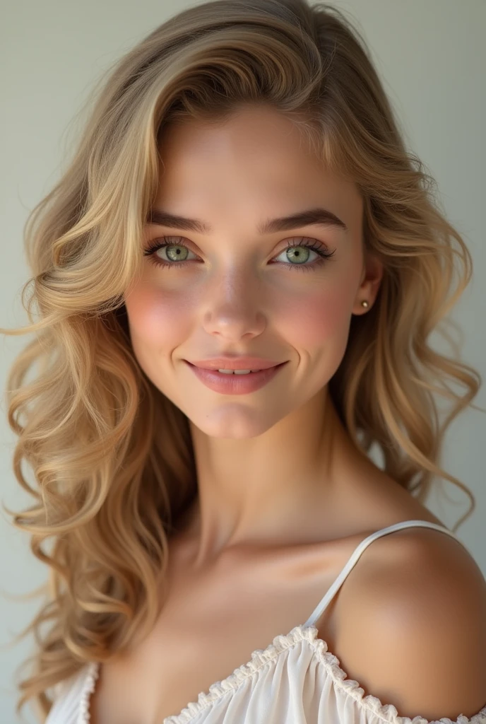 The eighteen-year-old girl has fair skin, bright green eyes and curly blonde hair that falls in well-defined ringlets around her face. Your hair has a natural shine and volume that highlights your delicate features.. She has a slim, sculpted waist., with a slender and elegant body. His expression is warm, with a soft smile that conveys confidence and kindness. The face is well lit, showing the texture of the skin and the brightness of the eyes, while the background is neutral, further highlighting its realistic appearance.
