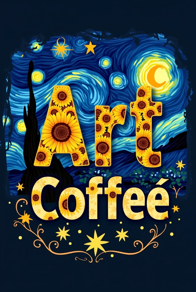 I want a logo for a cafe and the theme I want is about Van Gogh&#39;s Starry Night , The name of the cafeteria will be "ART COFFEE"  and that the letters have a filling of sunflowers