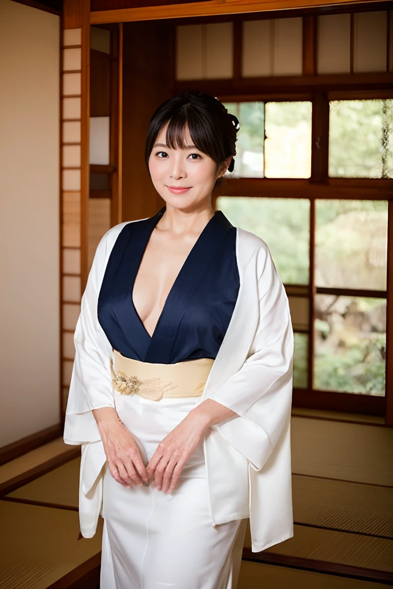 nsfw、Japanese Mature、Innkeeper、Super glamorous、Plump、kimono made of thin fabric、White kimono、Japanese-style room、See-through yukata、See-through, revealing your entire body