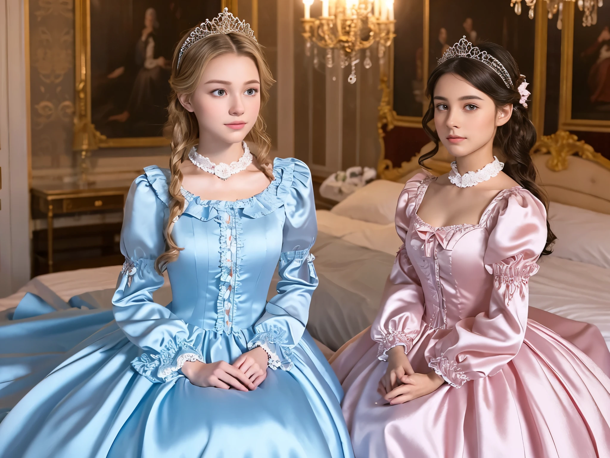 ,Highest quality, masterpiece, Highest Resolution, artwork, super それにGet used to it, many Get used to it, Get used to it, それにGet used to it, 3K realistic photo,,((Early teens)),Super detailed baby face,Both are princesses,Full-length ball gown dress with hoop skirt,Frilled yoke collar,Puff sleeves,Long sleeve,((Princess satin dress with pastel details in a classic style、Lots of frills and ribbons。)),Colorful Rococo Fashion,shiny satin dress,Soft and smooth fabric,luxury,Long blonde hair,blue eyes,White skin European,pajamas,((Interior of a palace bedroom)),Canopy bed,Princess Bed,Sit on the bed,Detailed bed,