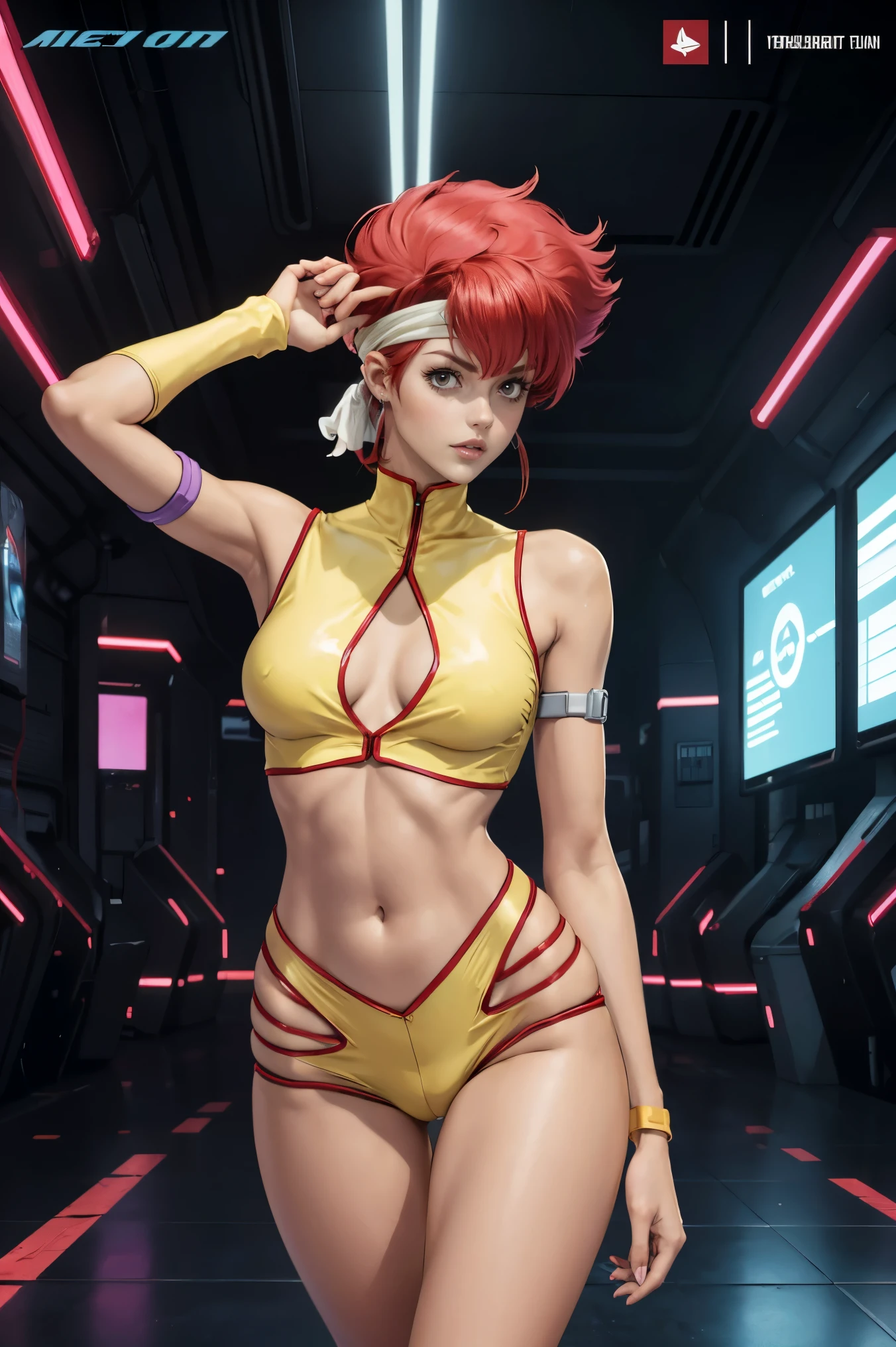 Very skinny Kei from The Dirty Pair, emaciated, wearing a tight bright yellow outfit, skinny frame, skinny legs, medium breast, red hair beauty, cyberpunk city background, holding retro space-gun, headband, slim waist, very slim thighs, very skinny thighs, very thin thighs, very slender thighs, lanky, thigh gap, thigh gap,