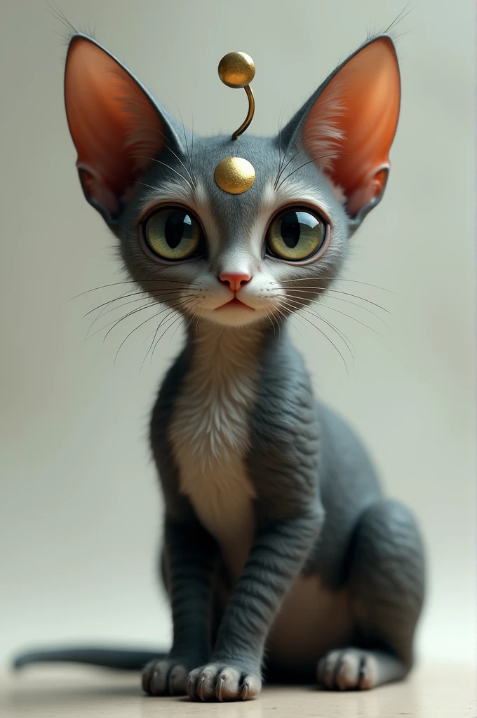 Realistic cat, lined, alien, with a circular antenna in the middle of the ears and a half moon on the forehead 