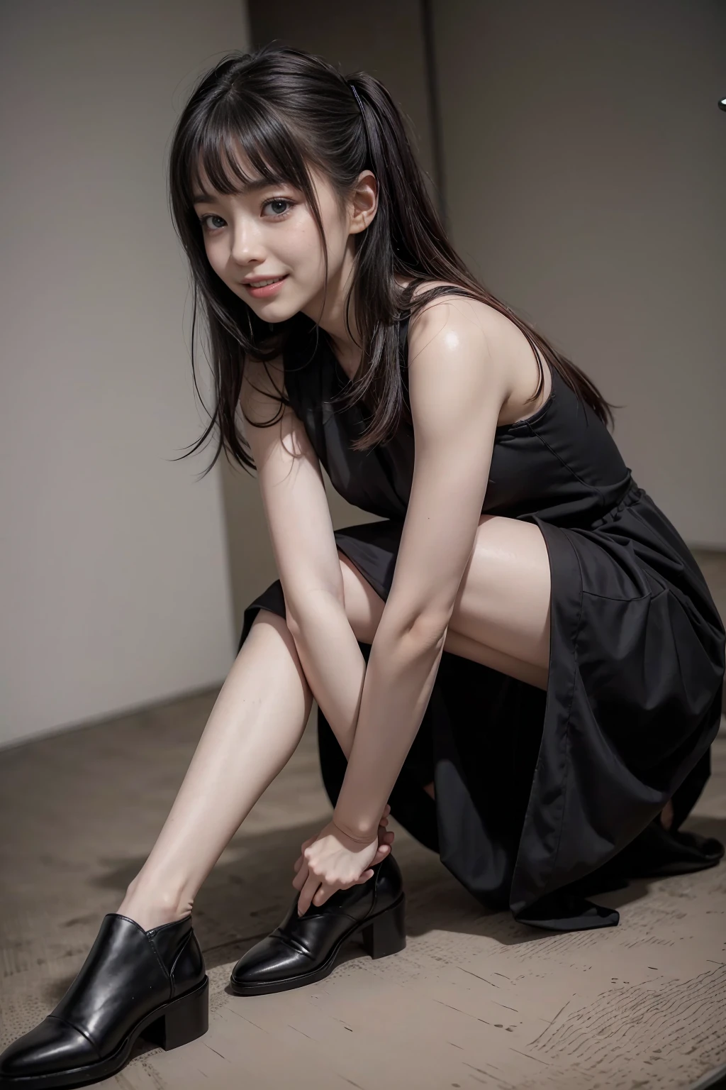 (highest quallity,4K,high resolution,work of art:1.2),very detailled,realisitic:1.37,,(all-body, visible legs and shoes: 1.2),、O burglar、burglar、10 convictions、criminal woman、evil woman、to steal、Robbing the store、anime styling、narrative、、comely girl、とてもcute天使、Pink Gothic Dress、cute、、ssmile、longskirt、,long black boots、(クレイジーなssmile:1.3)、(クレイジーなssmile:1.3),クレイジーなssmile, comely, Delicate facial features, sharp eye, sharp fangs, mouth very open, Show your teeth,Teeth sharp like a beast, Very wide lips, very wide mouth, Cheeks red, ,sitting down