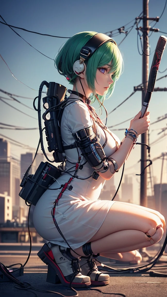 masterpiece, top quality, best quality, official art, beautiful and aesthetic:1.2), (1girl:1.3), extreme detailed, colorful, highly detailed ((ultra-detailed)), (highly detailed CG illustration), ((an extremely delicate and beautiful)),(from side),cinematic light,((1mechanical girl)), solo, full body,(machine made joints:1.2),((connector cables attached to her mechanical vertebra),((mechanical cervical attached to her neck)),(on her knees),expressionless,(wires and cables attaching to neck:1.2),(wires and cables to her head:1.2)(character focus), wearing a translucent white dress, wearing visor glasses, {{{holding a baseball bat}}}, short light green hair, science fiction, futuristic Tokyo background with neon and billboards, advertisements, flying cars (heavy wires:1.5), [[[highly detailed face!!!]]].
