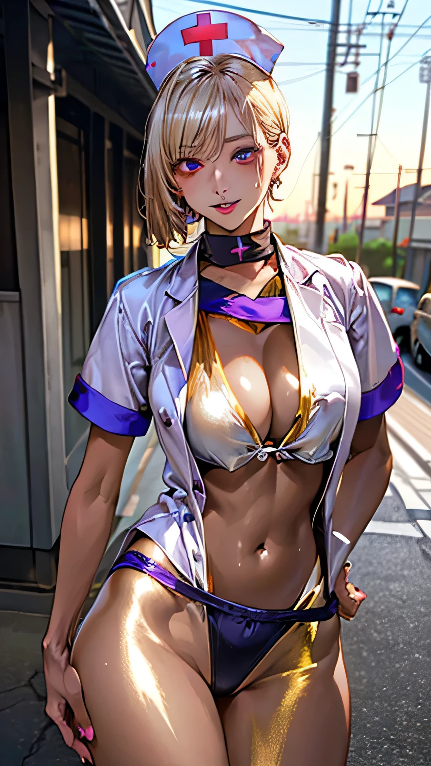 (masterpiece:1.3, top-quality, ultra high res, ultra detailed), (realistic, photorealistic:1.4), beautiful illustration, perfect lighting, natural lighting, colorful, depth of fields,
beautiful detailed hair, beautiful detailed face, beautiful detailed eyes, beautiful clavicle, beautiful body, beautiful chest, beautiful thigh, beautiful legs, beautiful fingers,
looking at viewer, (front view), 1 girl, japanese, , (bitch), (perfect anatomy, anatomically correct, super detailed skin), cute and symmetrical face, babyface, shiny skin,
(short hair, pixie cut, blonde hair), swept bangs, purple eyes, shining eyes, long eyelashes, (large breasts, large hip, seductive thighs), perfect face, perfect eyes, sexy body, (skindentation),
(((((sexy shiny nurse uniform))))), (very tanned shiny skin),
(beautiful scenery), daytime, (outdoor), ((((((sexy pose)))))), , (seductive smile, parted lips),