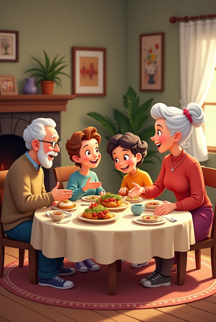 Cartoon of a father, a mother, a grandfather, a grandmother, a son and a daughter in a living room sitting at a table having dinner