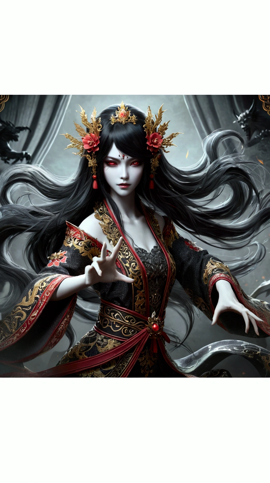 Close-up of a woman with long hair and a crown on her head, A beautiful and elegant demon queen, 2. 5d cgi anime fantasy artwork, deviantart artstation cgscosiety, Dark fantasy art, Goddess of Death, gothic fantasy art, Digital fantasy art ), Art Station pixiv&#39;s artgerm, The Detailed Art of the Onmyoji, 4K Fantasy Art