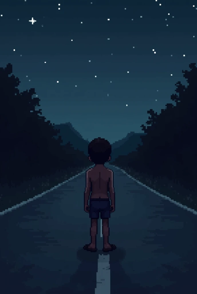 Make me an 8bit image of a dark-skinned boy in the middle of a lonely road at night, without seeing his face and his back is turned