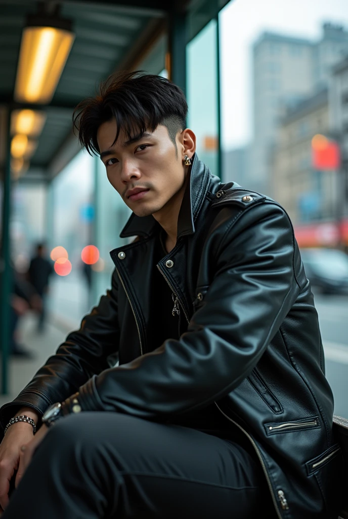 (masterpiece:1.5),(HdR), Handsome Asian man turns to look at camera, wearing earrings on the temples,, as rockers, sitting at the city bus stop