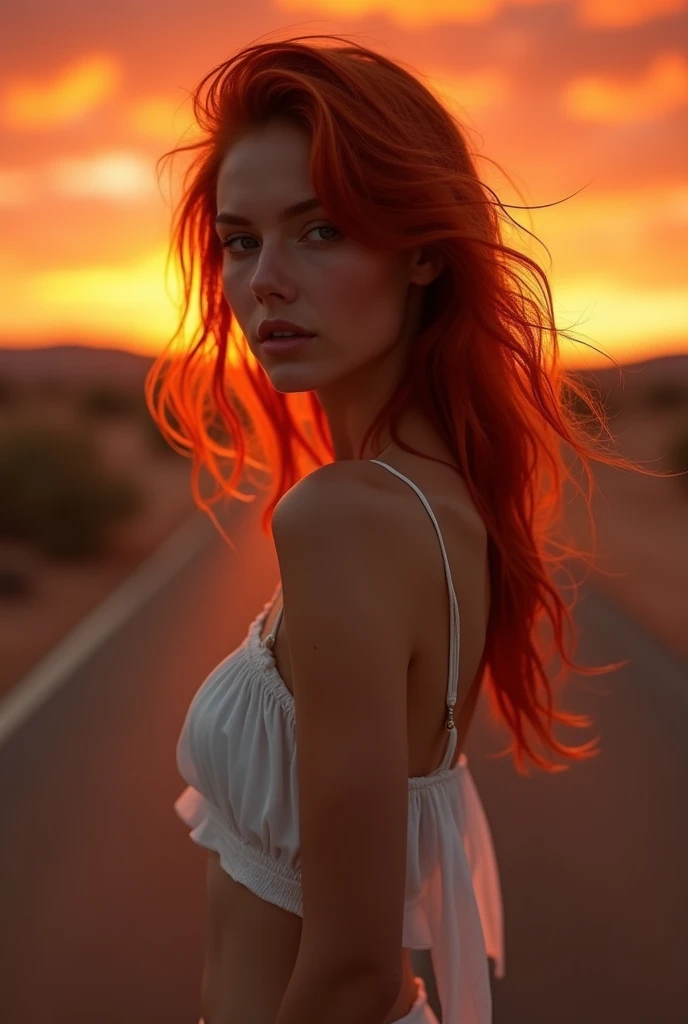 beautiful woman, red hair, loose white crop top, jeans, desert road at sunset, low angle, dark sunset, late sunset, dark red lighting, red lighting, warm lighting, crepuscular lighting, sunset glow, portrait, portrait of a beautiful woman in a white cropped tank top on a warm desert road at sunset