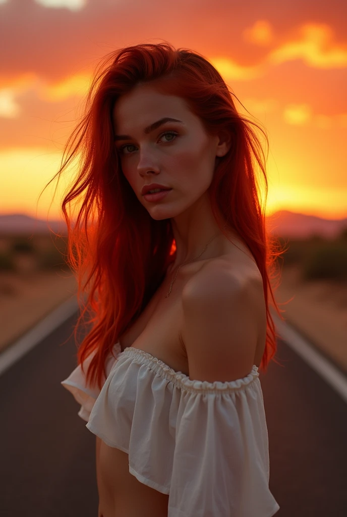 beautiful woman, red hair, loose white crop top, jeans, desert road at sunset, low angle, dark sunset, late sunset, dark red lighting, red lighting, warm lighting, crepuscular lighting, sunset glow, portrait, portrait of a beautiful woman in a white cropped tank top on a warm desert road at sunset
