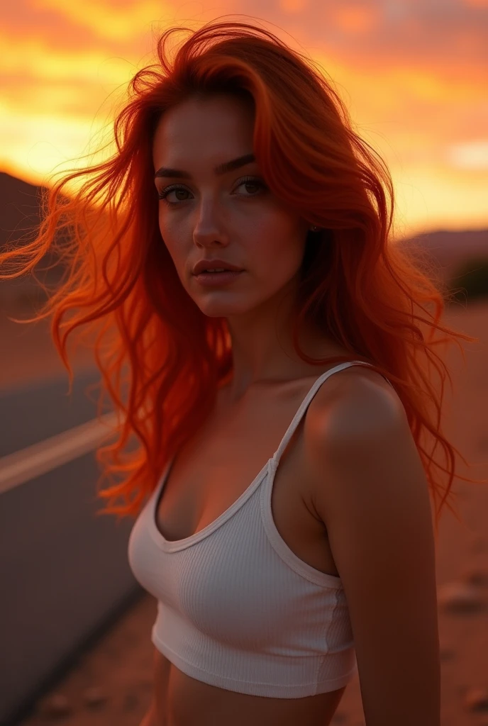 beautiful woman, red hair, loose white crop top, jeans, desert road at sunset, low angle, dark sunset, late sunset, dark red lighting, red lighting, warm lighting, crepuscular lighting, sunset glow, portrait, portrait of a beautiful woman in a white cropped tank top on a warm desert road at sunset