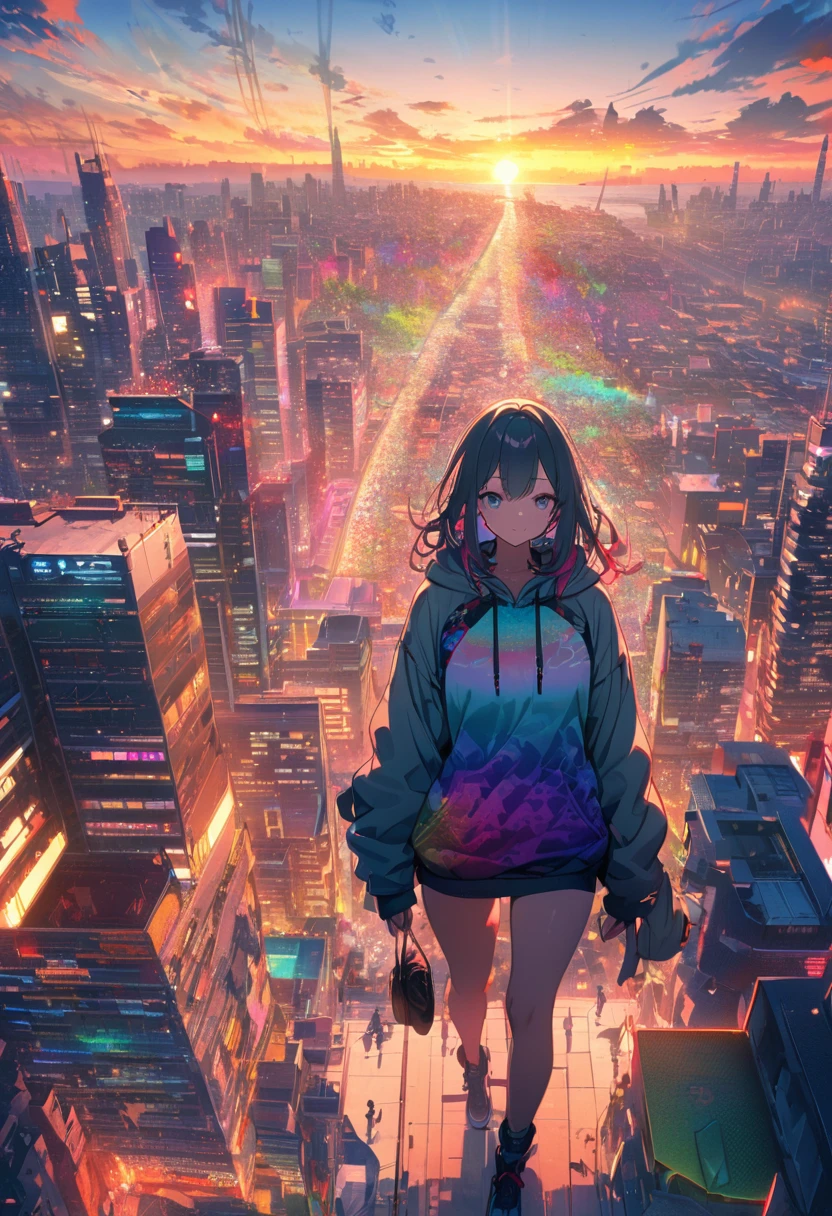 angelic, detailed woman who is walking, woman wearing hoodie, highest billding in city, road, sunrise, horizon, skyline, in the sky, city of clouds, colorful, high-res, 8K