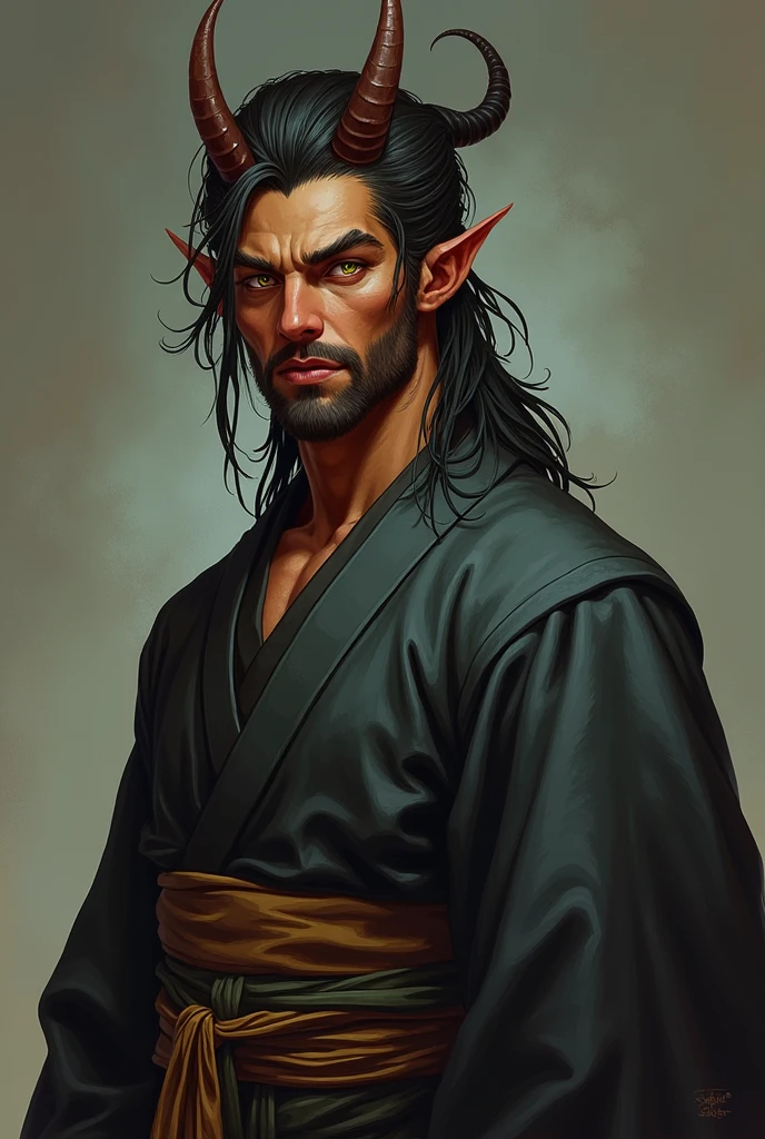 And a character for RPG, a Tiefling man with brown skin with only one horn wearing something similar to a kimono and each of his eyes also has a different color, the right eye has a green pupil and the left is dark with a golden pupil.