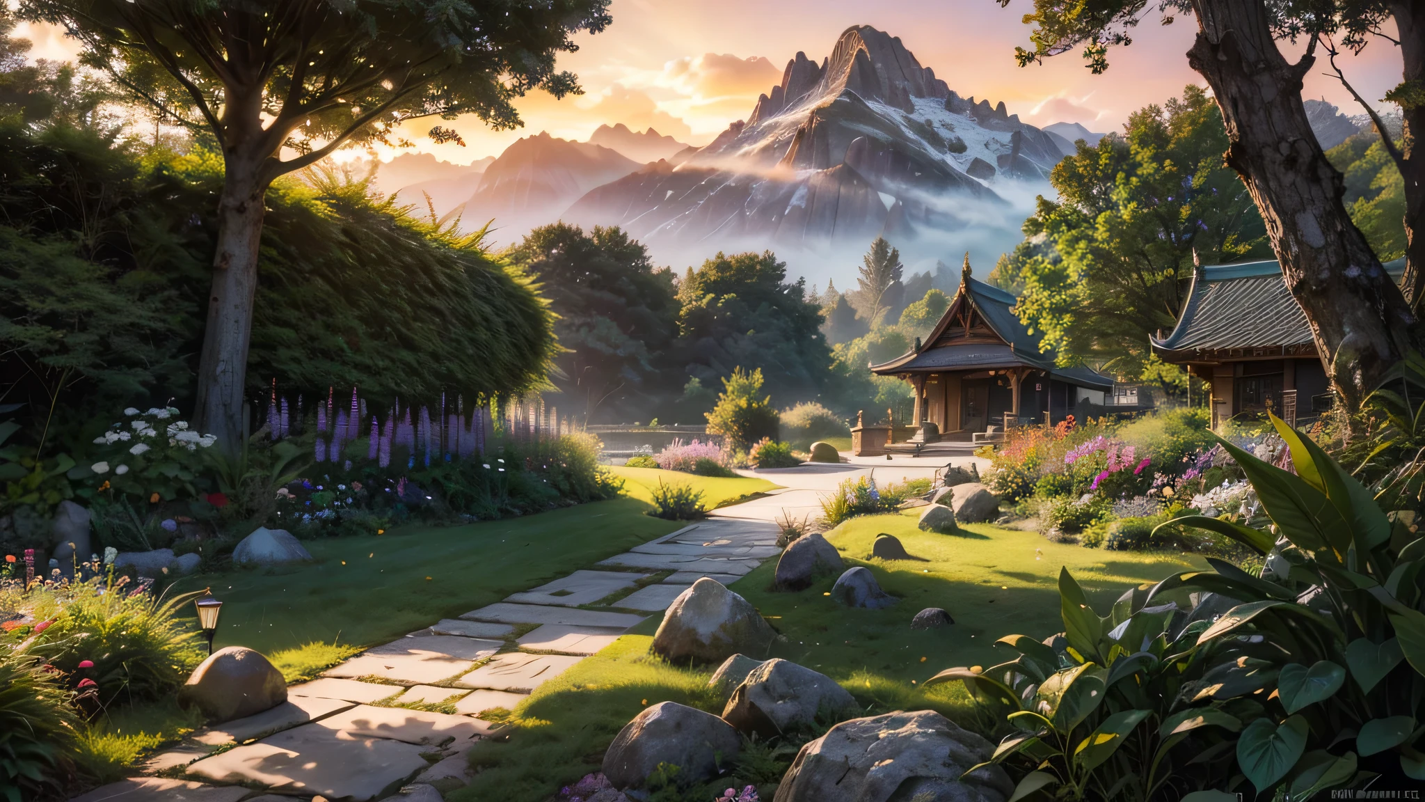 a futuristic modern home in a thai garden, fairytale view with dramatic mountain range, rocks plants flowers shrubs bushes trees moss lawns grass mushrooms fireflies,colourful sunset and strong sunbeams,very hazy,extreme details,photorealistic,4k,HD,beautiful,nature, dreamy, low shot,ground level photo, good luminosity, high ambience