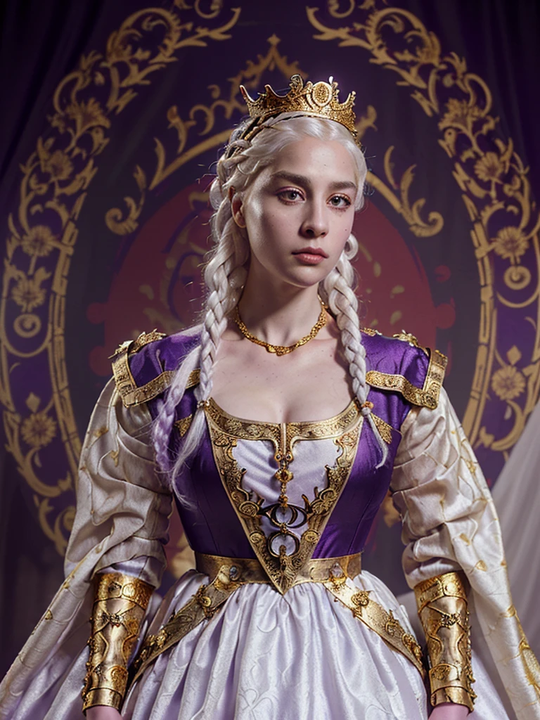 Beautiful albino woman with detailed braided medieval hairstyle (silky hair)(updo) (white hair,wearing detailed medieval horse riding clothes (red and black colours), with gold accessories and gold tiara, medieval queen, medieval woman,queen,game of thrones style,daenerys targaryen style, high quality, very detailed,hd quality, masterpiece ((purple eyes))