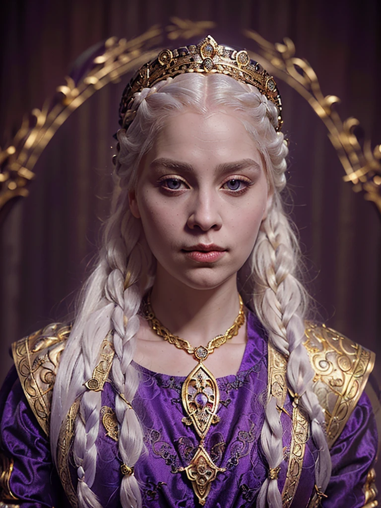 Beautiful albino woman with detailed braided medieval hairstyle (silky hair)(updo) (white hair,wearing detailed medieval horse riding clothes (red and black colours), with gold accessories and gold tiara, medieval queen, medieval woman,queen,game of thrones style,daenerys targaryen style, high quality, very detailed,hd quality, masterpiece ((purple eyes))