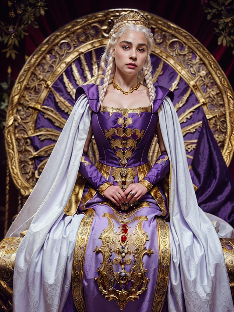 Beautiful albino woman with detailed braided medieval hairstyle (silky hair)(updo) (white hair,wearing detailed medieval horse riding clothes (red and black colours), with gold accessories and gold tiara, medieval queen, medieval woman,queen,game of thrones style,daenerys targaryen style, high quality, very detailed,hd quality, masterpiece ((purple eyes))