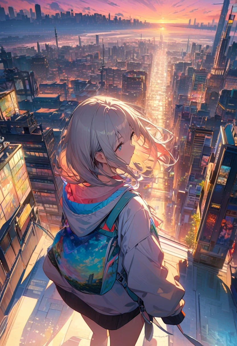 Create exquisite illustrations reminiscent of Makoto Shinkai's style, It has ultra-fine details and top-notch quality. angelic, detailed woman who is walking, woman wearing hoodie,  highest billding in city, road, sunrise, horizon, skyline, in the sky, city of clouds, colorful, high-res, 8K