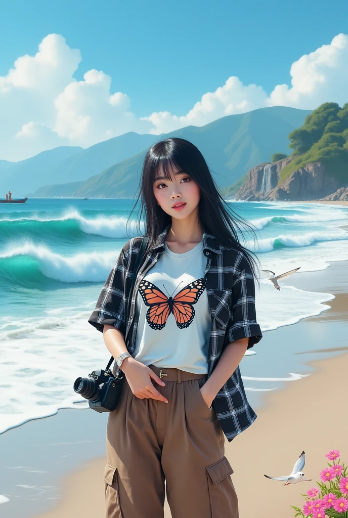 Beautiful Korean girl with smooth white skin, well-groomed face, long straight black hair with bangs, faint smile, black and white checkered shirt, white t-shirt decorated with a big butterfly) brown cargo pants, cool watch. Posing standing on the beach while carrying a camera, under a bright blue sky, big sea waves in the background, there are fishermen, seagulls flying. clear blue sky, very beautiful, mountains and waterfalls, as well as beautiful flowers, original and realistic photos