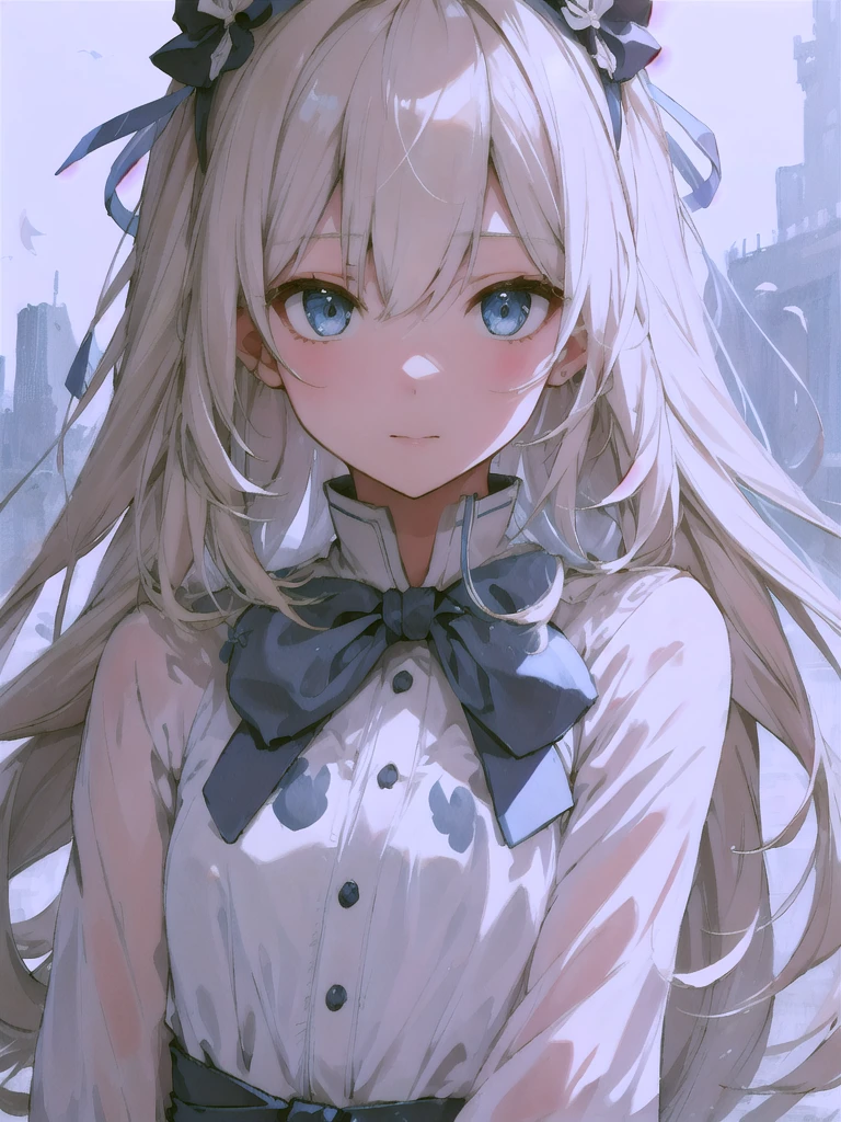 A girl with long hair，头发上系着蓝色Ribbon，The overall style is light white and sky blue，Kawaii style，muted pastels，Ethereal Portraiture， Long blond hair，Long wavy hair，Bow，Headband，Blue Eyes，白色Bow，dress，Ribbon，Add some details，Make the picture richer，Clear facial features，Upper body close-up，动漫Realistic style，primary color，Photography，Movie Effects，Movie Background，Movie Feel，Realistic style，High-definition quality，high quality，masterpiece，best quality，Ultra Detailed，Adding details，high resolution，Clarity Enhancement，Detail Enhancement，极high resolution，Clear facial features，Increase facial detail，Increase eye detail
