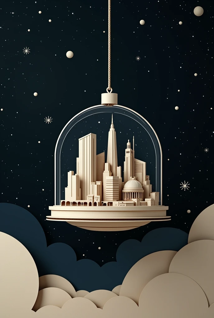 (minimalist cardboard design ) (drawing without much color) city inside a glass dome in space (like those Christmas presents inside a ball )