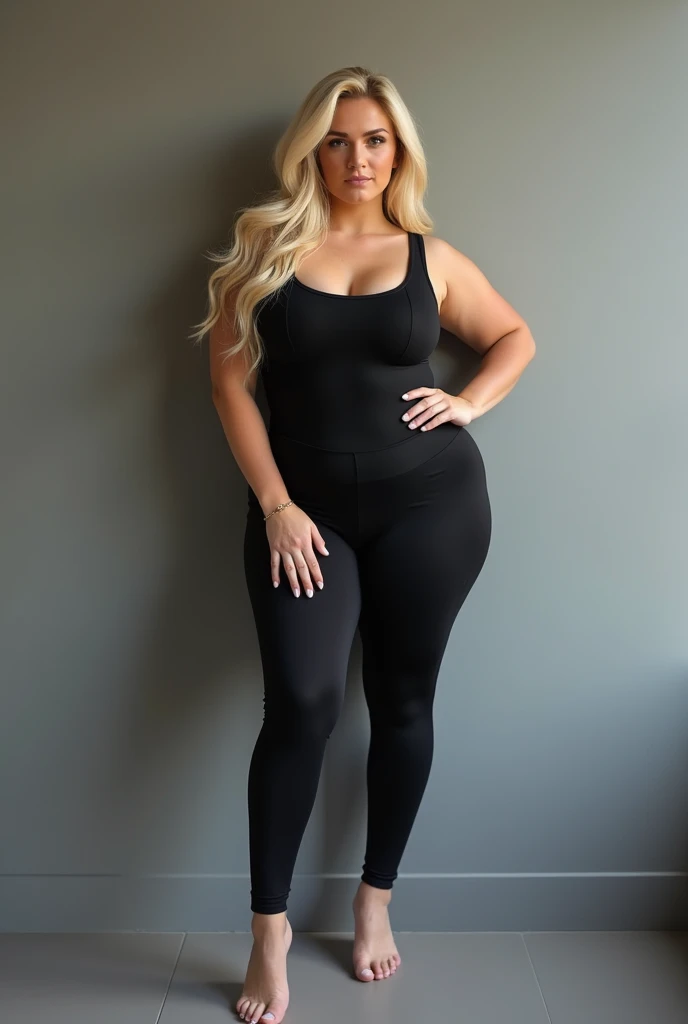 Full Body Photography, ((blonde woman)), 2, (((measurements are 36D-22-36))), woman with blonde hair, perfect body, White skin, very big round breasts, hyper small waist and very wide hips, She is wearing a sexy casual outfit black exercise jumpsuit and posing for the camera on a wall