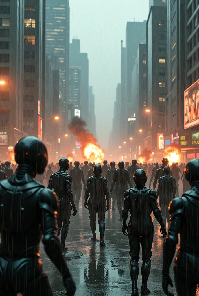 city humans and robot and aliens and reptilians walking fighting rainy day fire small drops real quality super realistic scared animals dogs androids
