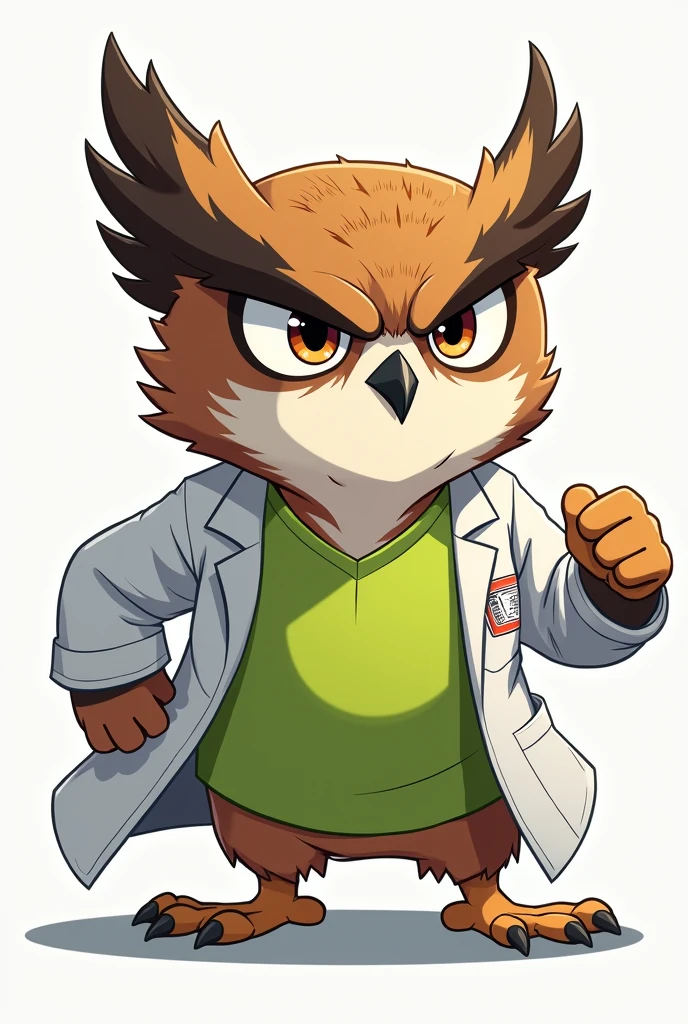 Medical owl with lime green shirt and white coat Could you make it more anime like please Now could you make it with a bit more aggressive face, not much, and styled more like an Olympic Games mascot