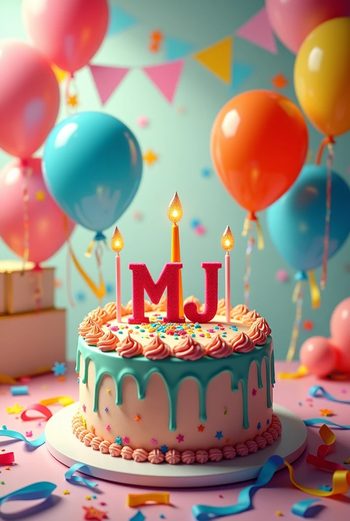 birthday cake with colorful balloon and ribbon decoration. on the cake there is writing "mj" and words of speech "Dirgahayu mj Semoga Sukses di Darat, sea, Air, and Space later, AMEN"
