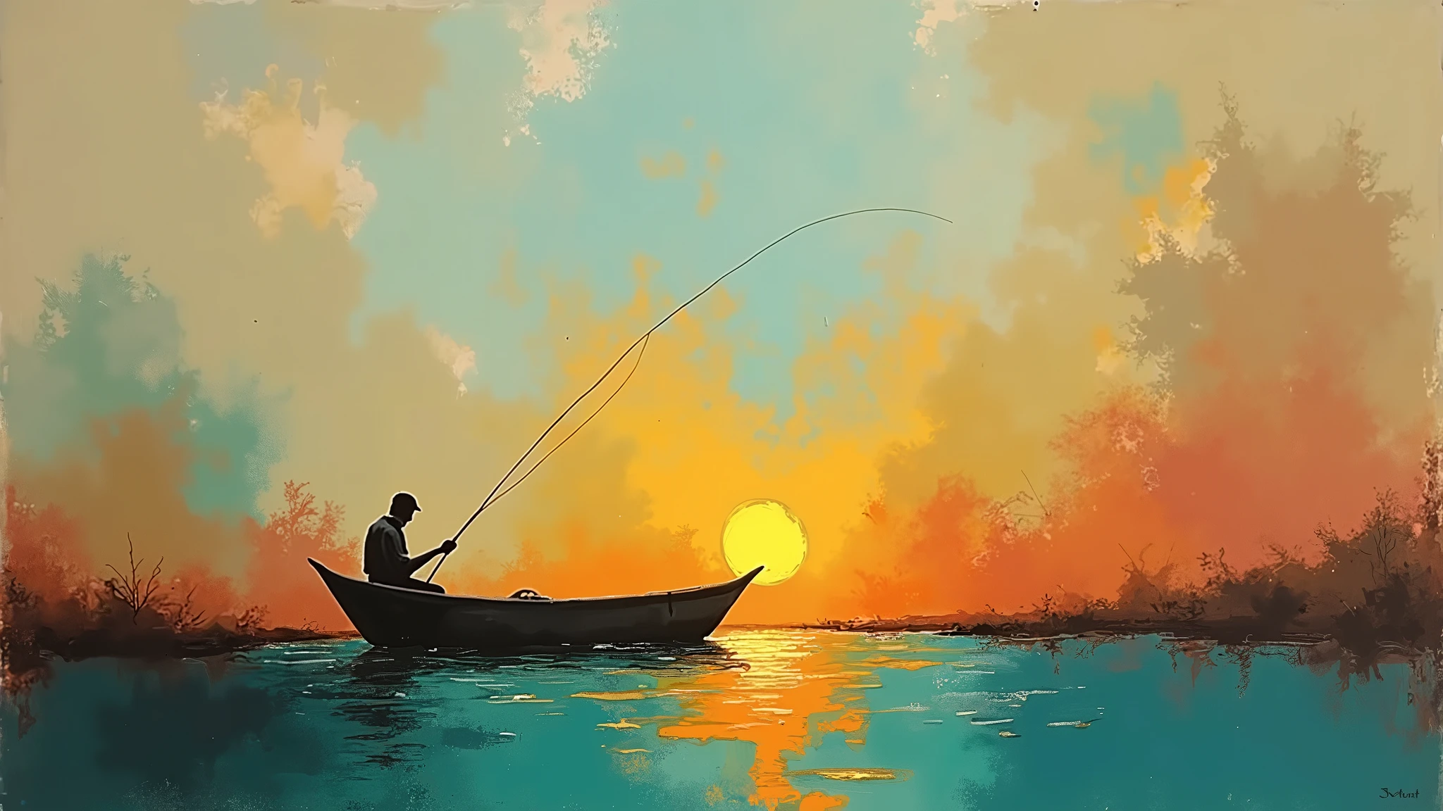 ( a man fishing on a boat) a thick textured oil painting, impasto brushstrokes, dry brushing,revealing underlayers, abstract landscape, moody lighting, dramatic shadows, muted earthy colors, vibrant colors, highly detailed, masterpiece,