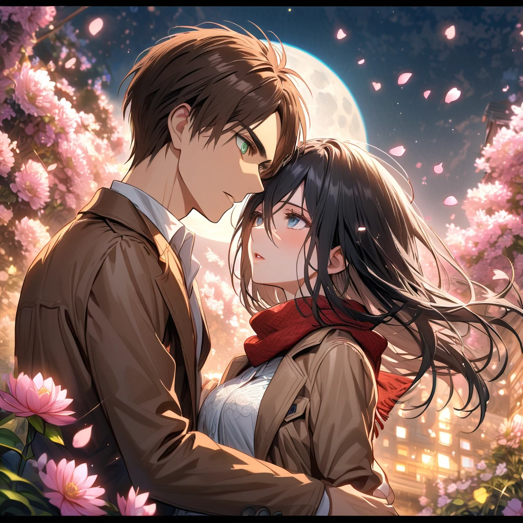 Ultra detailed, highres, absurdres, HDR, Eren Jeager, brown hair, expressive turquoise eyes, brown jacket, white shirt, Mikasa Ackerman, black hair, expressive gray eyes, brown jacket, white shirt, red scarf, Shingeki No Kyojin, pink flowers, petals, fireflies, moon, a beautiful woman together with a handsome man, couple, handsome, beautiful, in love