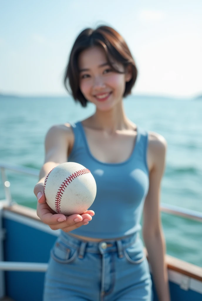 Highly realistic 8k photos, sea background, standing on a boat, A baseball is held in the palm of one hand., Korean woman, Wearing a blue sleeveless top and jeans, standing face to face, Looking at the camera, short hair, A little smile, The baseball is clearly visible,