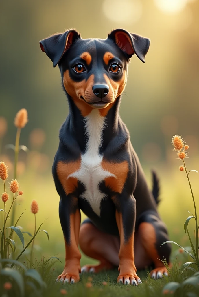Dog cross between Pinscher and Jack Russel Terrier brown color, black and white stronger cross of medium pinscher smaller stronger brown and black with tender face and small puppy with small head. Pinscher