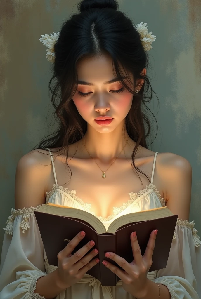 Create a woman reading a book (the background is a story about a character I like, a high school boy in Korea)