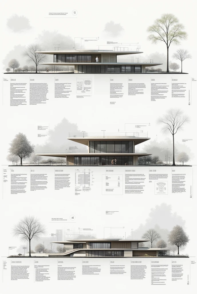 In a horizontal A3 make a distribution of an architectural work with its analysis, without leaving empty spaces with text with several images