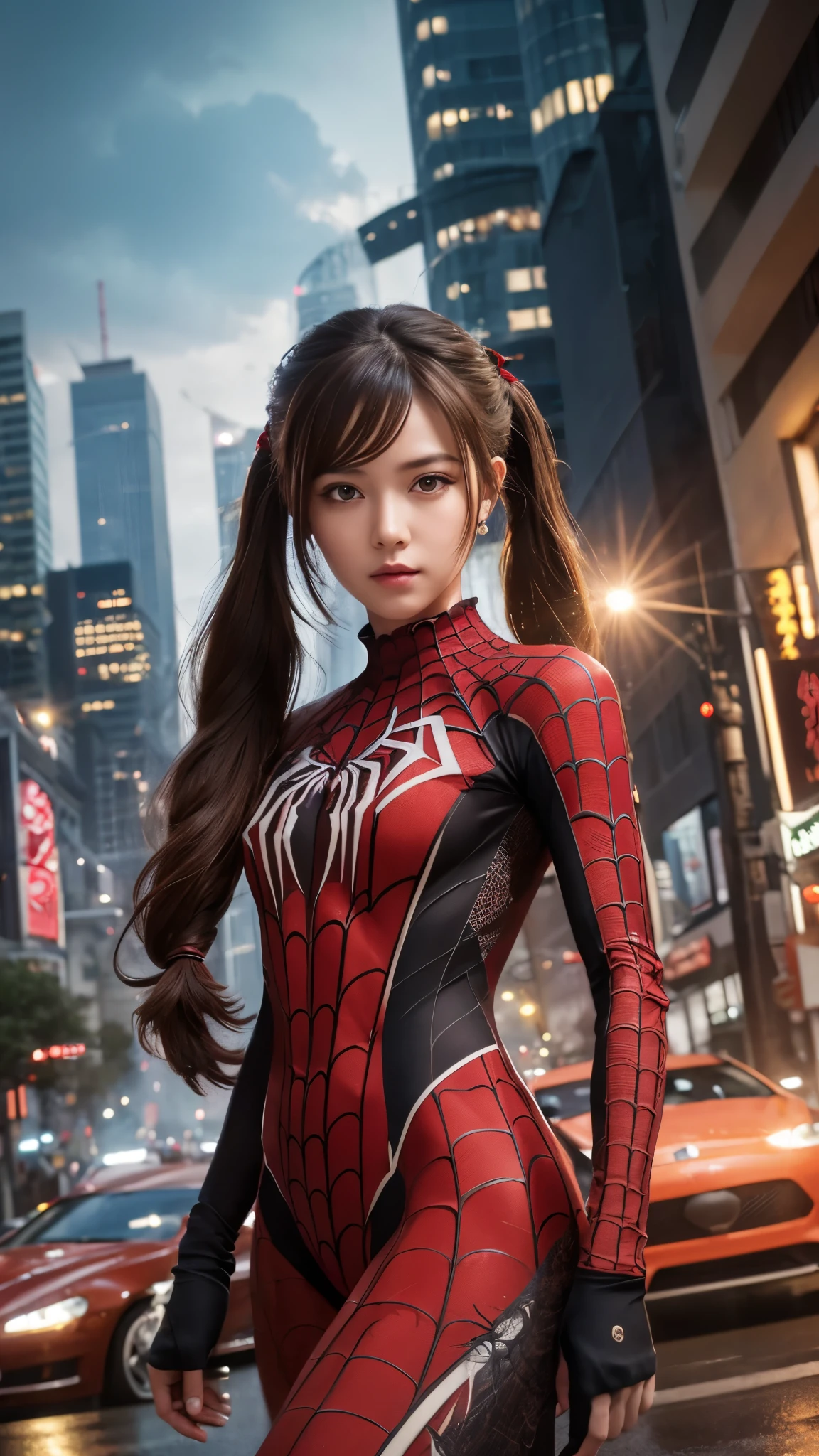 (masterpiece, Highest quality), Intricate details, 8k, Art Station, wallpaper, Official Art, Splash Art, Sharp focus,, One person, Long Hair, Twin tails, Red eyes, Brown Hair, , Spider Suit, spiderweb printing, spiderweb, , skyscraper, city, building, car, street,