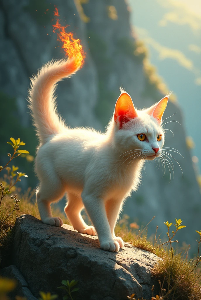 name: milaneso
feature: (loimu,firey:1.5)
dynamic view、
Dracosis、It is a medium-sized cat that lives in forests and mountainous areas.。
(bright white fur covers the entire body, when exposed to sunlight, colorful patterns shine)
(long tail、Has a burning tail tip,Used to roast prey when eaten:1.5)、
4 sturdy legs, can climb rocks and trees well. Pure, has sharp claws. It can be moved even on vertical walls.
Although the food is mainly small mammals and birds,、time々The flame of the tail is used to burn it when catching prey。