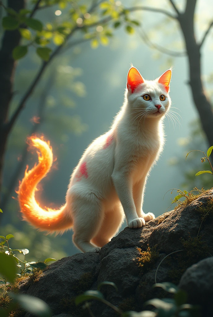 name: milaneso
feature: (loimu,firey:1.5)
dynamic view、
Dracosis、It is a medium-sized cat that lives in forests and mountainous areas.。
(bright white fur covers the entire body, when exposed to sunlight, colorful patterns shine)
(long tail、Has a burning tail tip,Used to roast prey when eaten:1.5)、
4 sturdy legs, can climb rocks and trees well. Pure, has sharp claws. It can be moved even on vertical walls.
Although the food is mainly small mammals and birds,、time々The flame of the tail is used to burn it when catching prey。