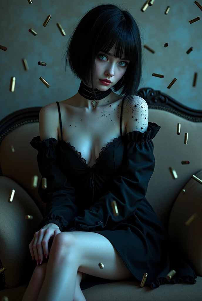Dark short haircut blue eyes undead vampire gothic girl lingerie sitting on the couch is riddled with machine guns with millions of bullets that make many bullet holes in her impenetrable steel skin, the bullets falling to the ground