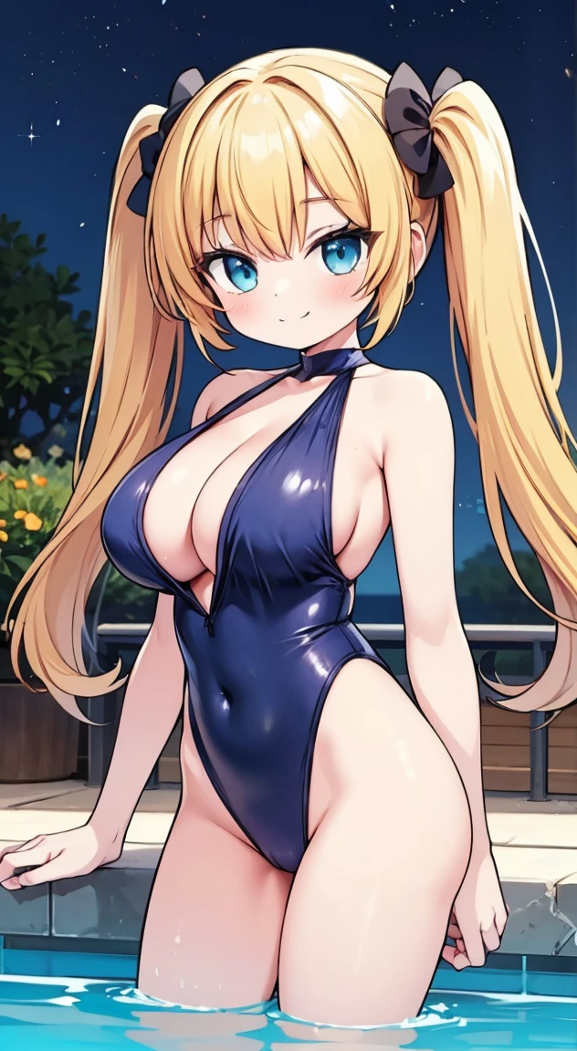 Highest quality,masterpiece,One person,Blonde,Twintails,Swimsuit,Large Breasts,smile,nighttimepool,