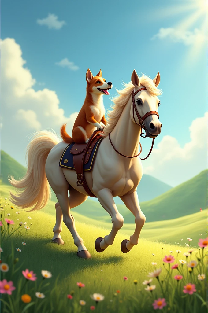 A horse with a dog riding it