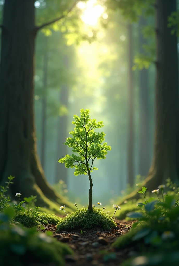 In a big forest, There lived a little tree that, despite being surrounded by giants that blocked the light, I dreamed of growing tall and strong. 
an image  
