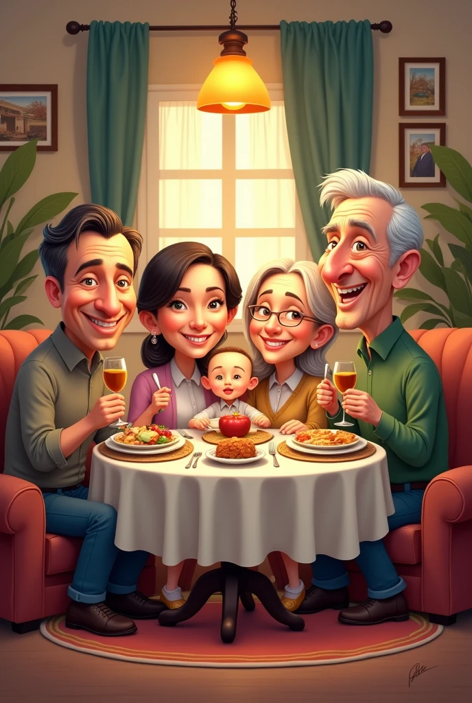 Caricature of a DAD, A mom, a grandfather, A grandma, A SON and a DAUGHTER in a living room sitting at a table having dinner