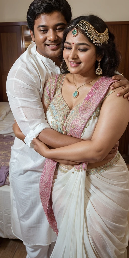 Close up shot, A radiant South Indian, chiffon white colour chiffon saree wearing plus sized girl ,with her curvaceous figure , hugging and kissing on the lips of a jubilant 60 year old joyous embrace in a bedroom, captured in a full body image with vibrant colors and intricate details. Full body image