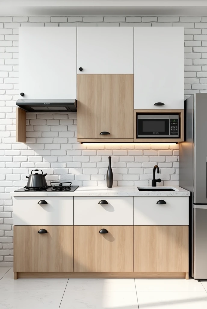 "Small kitchen cabinet, 2.5 meters in length. White only on top and wooden only on the bottom, with black round handles.
It includes space for a microwave, cooktop, sink, and oven.
With a white marble countertop.
With an extension on the right side for a stainless steel refrigerator.
Background wall with white subway tile."