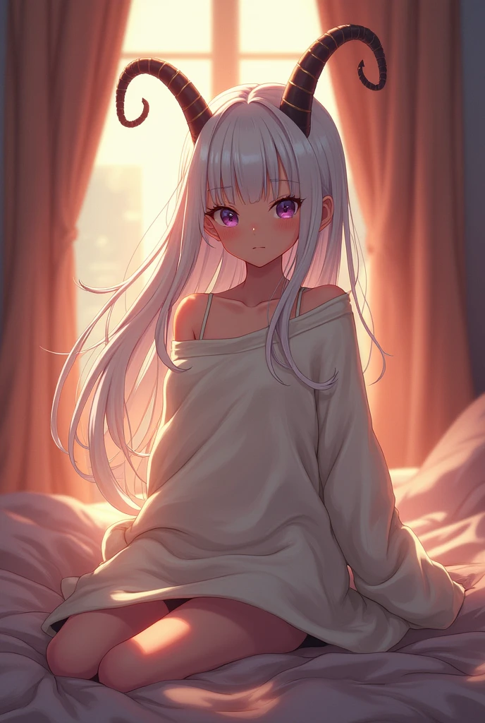 Create an anime-type girl with long white hair and bangs wearing a big sweater with a skirt and goat horns where an amongos is hidden in the folds of the clothes or in the shadow of the clothes and the hidden amongos is clearly visible. 