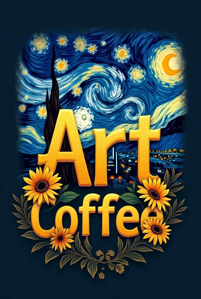 I want a logo for a cafe and the theme I want is about Van Gogh&#39;s Starry Night , The name of the cafeteria will be "ART COFFEE" and that the letters have a filling of sunflowers, a little more aesthetic