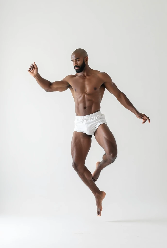 create a conceptual photograph of a handsome man, sexy and muscular, very white with shaved head and beard, and dancing and wearing only white swim trunks, white background, . jumping floating